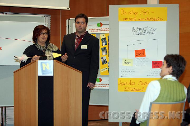 2009.11.29_15.16.41.jpg - Ingrid und Alois Neuhauser, 2 Kinder, pr�sentieren ihr Spezialgebiet: "Das richtige Ma� - eine Quelle unseres Wohlbefindens" anhand eines "Lebenspfeils".